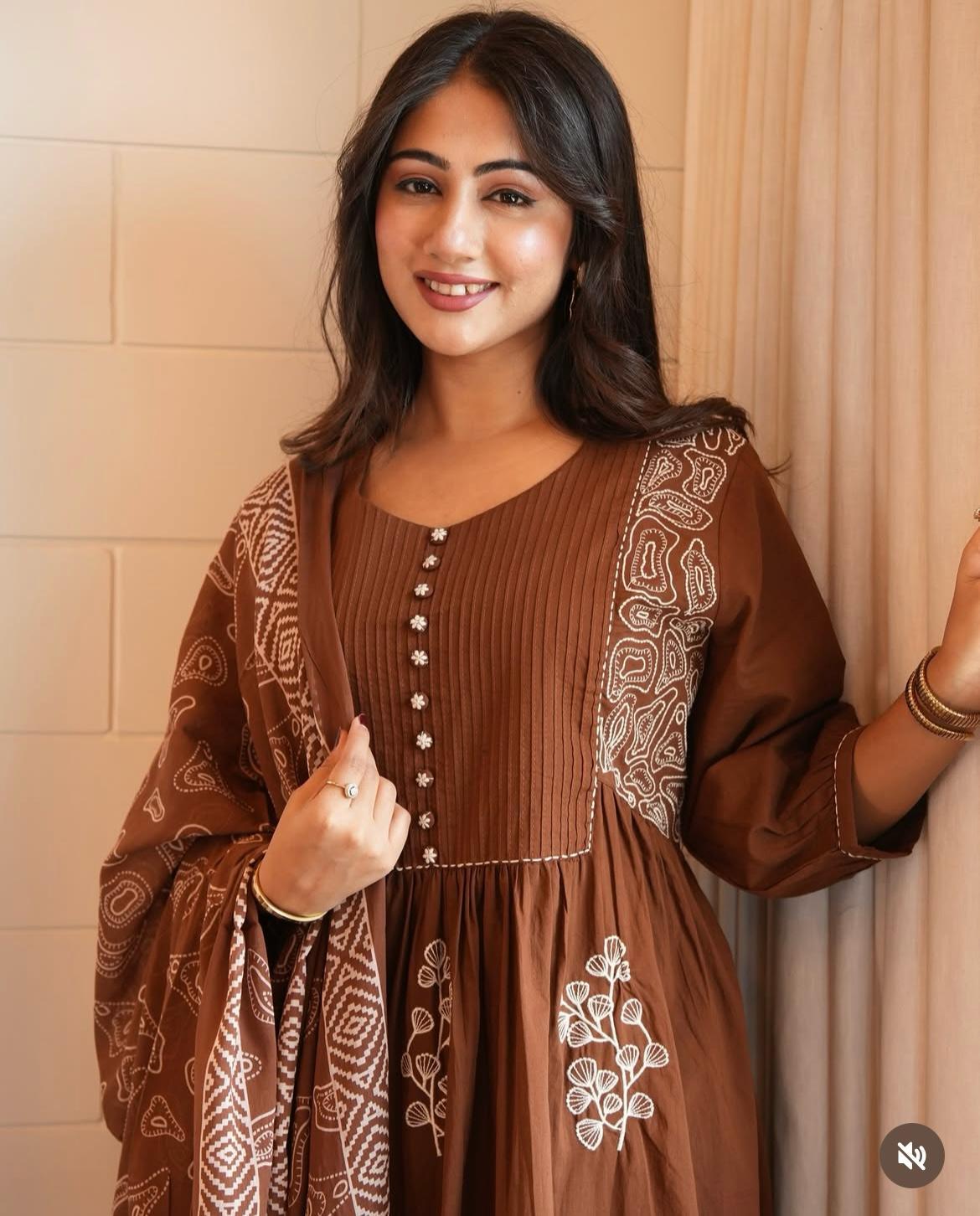 Elegant Brown Embroidered A-Line Cotton Kurta Set with Dupatta & Churidar for Women