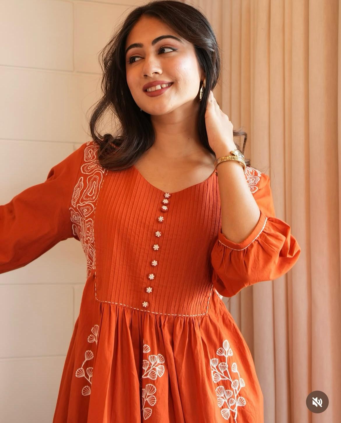 Elegant Orange Embroidered Cotton Kurta Set with Dupatta for Women