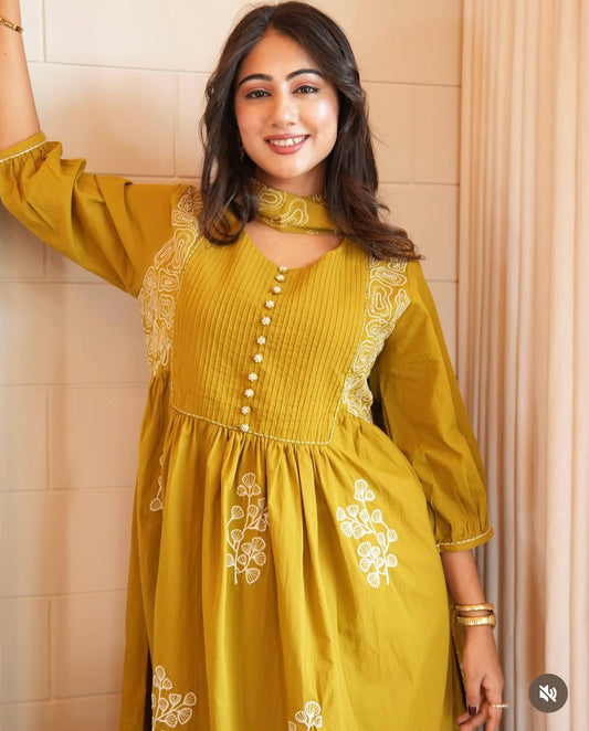 Elegant Mustard Yellow Embroidered Cotton Kurta Set with Dupatta for Women