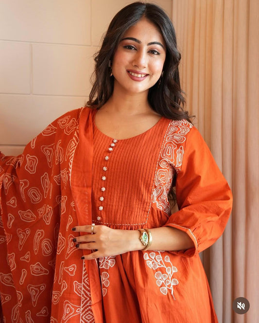 Elegant Orange Embroidered Cotton Kurta Set with Dupatta for Women