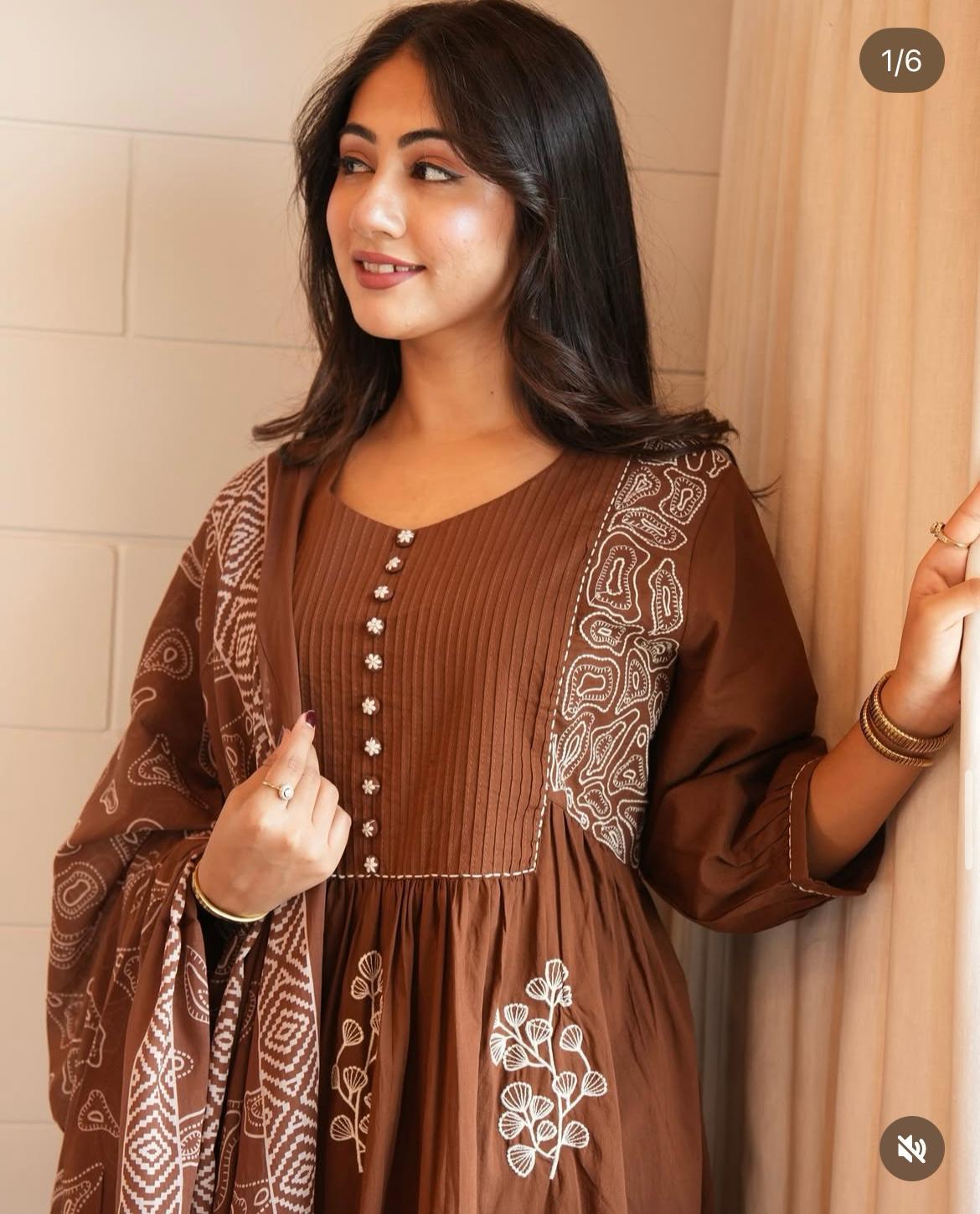 Elegant Brown Embroidered A-Line Cotton Kurta Set with Dupatta & Churidar for Women