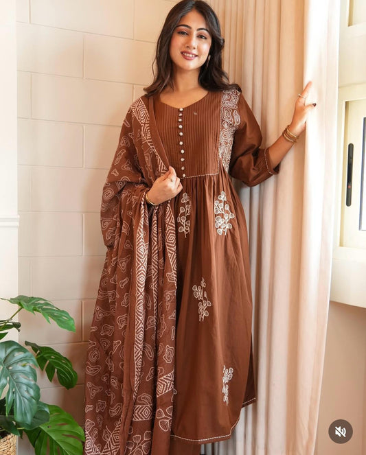 Elegant Brown Embroidered A-Line Cotton Kurta Set with Dupatta & Churidar for Women