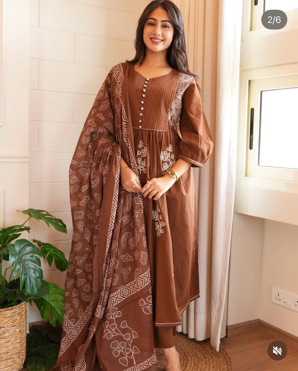 Elegant Brown Embroidered A-Line Cotton Kurta Set with Dupatta & Churidar for Women