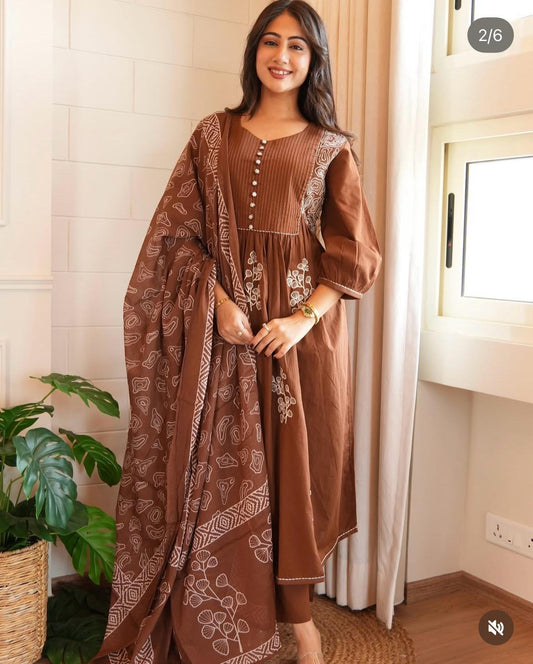 Elegant Brown Embroidered A-Line Cotton Kurta Set with Dupatta & Churidar for Women