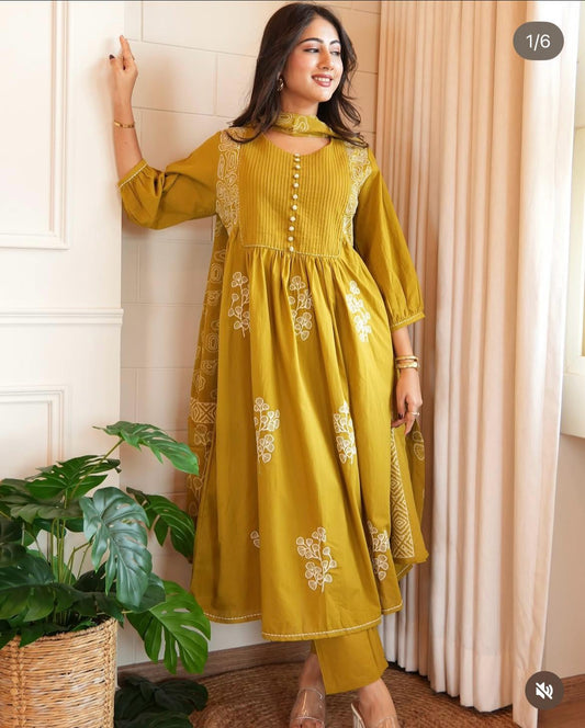 Elegant Mustard Yellow Embroidered Cotton Kurta Set with Dupatta for Women