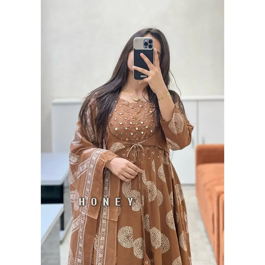 Maroon Cotton Printed Anarkali Suit Set with Jacket, Pants, Dupatta