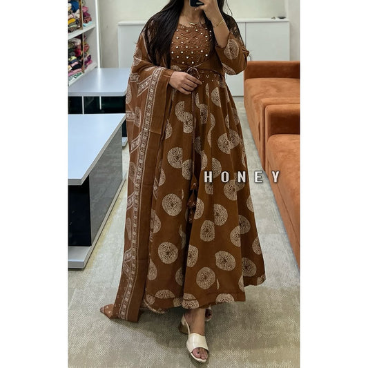 Maroon Cotton Printed Anarkali Suit Set with Jacket, Pants, Dupatta