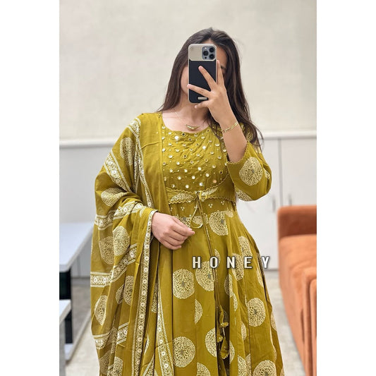 Vibrant Yellow Cotton Printed Anarkali Suit Set with Elegant Jacket Detailing