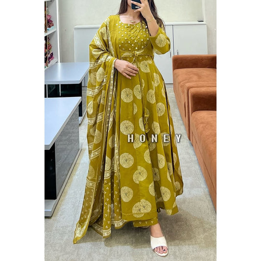 Vibrant Yellow Cotton Printed Anarkali Suit Set with Elegant Jacket Detailing