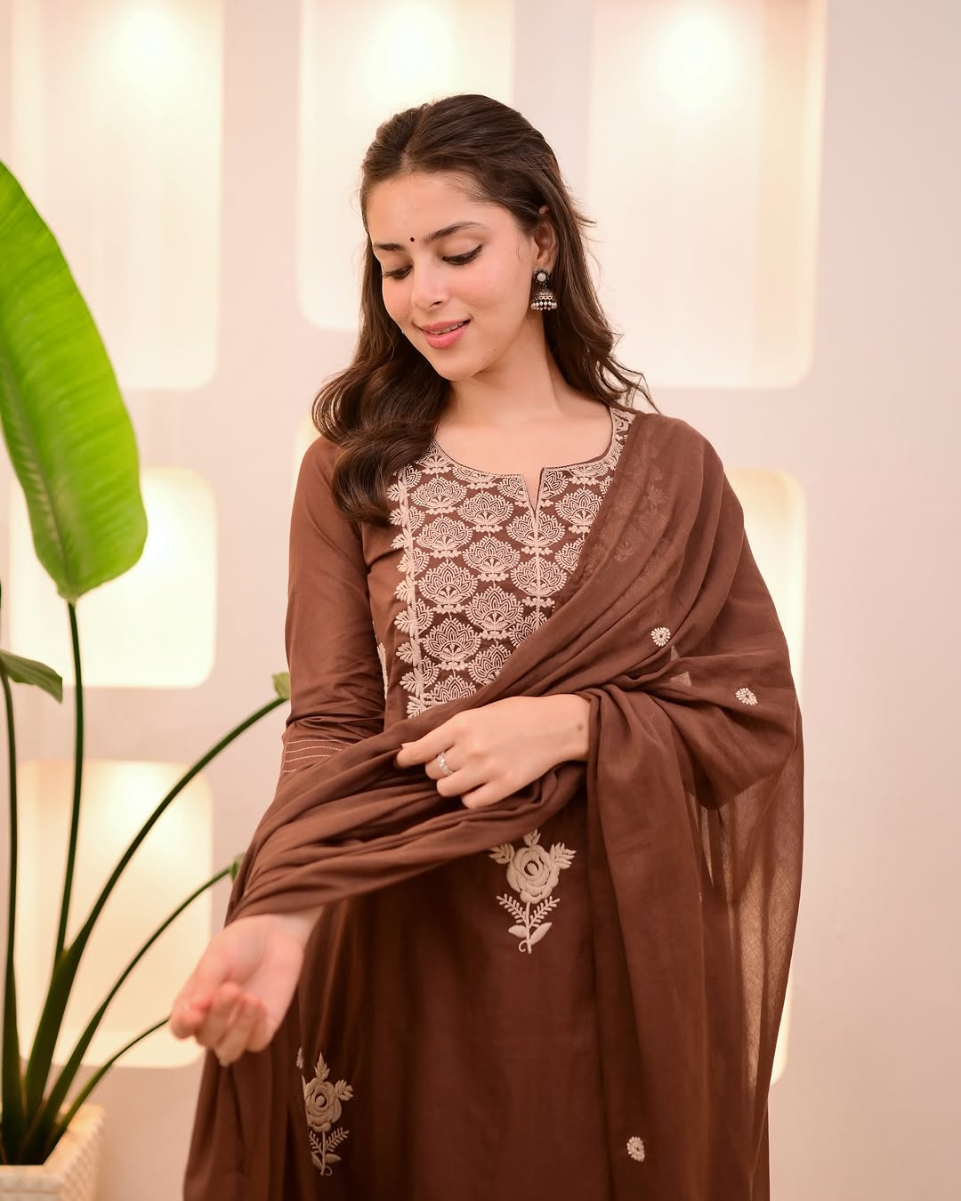 Elegant Mocha Brown Threadwork Cotton Suit: Breathable, Comfortable, Stylish Ethnic Wear Set