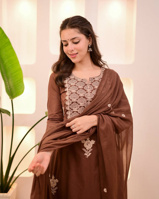 Elegant Mocha Brown Threadwork Cotton Suit: Breathable, Comfortable, Stylish Ethnic Wear Set