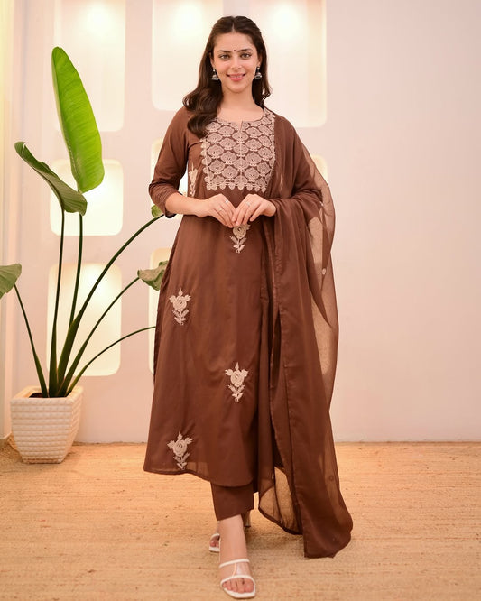 Elegant Mocha Brown Threadwork Cotton Suit: Breathable, Comfortable, Stylish Ethnic Wear Set