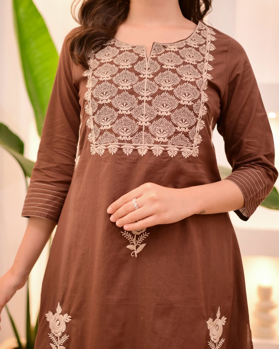 Elegant Mocha Brown Threadwork Cotton Suit: Breathable, Comfortable, Stylish Ethnic Wear Set