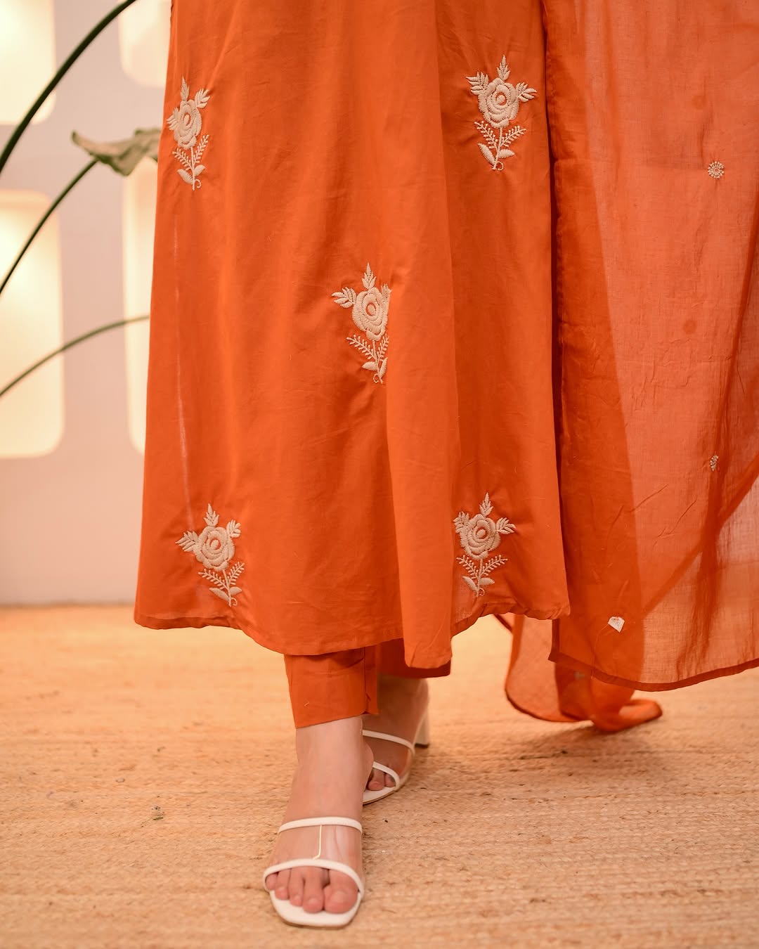 Elegant Mocha Orange Cotton Suit for Women - Intricate Threadwork Design