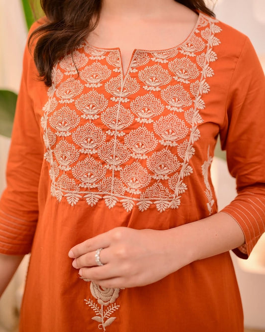 Elegant Mocha Orange Cotton Suit for Women - Intricate Threadwork Design
