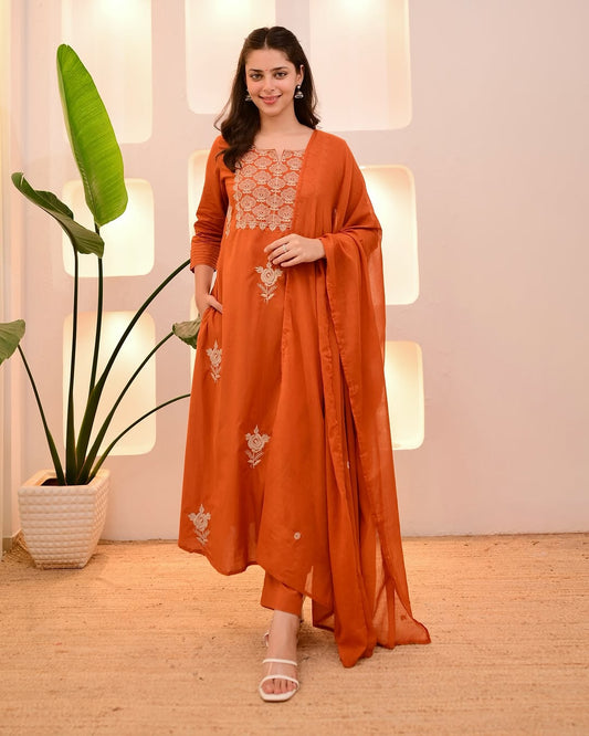 Elegant Mocha Orange Cotton Suit for Women - Intricate Threadwork Design