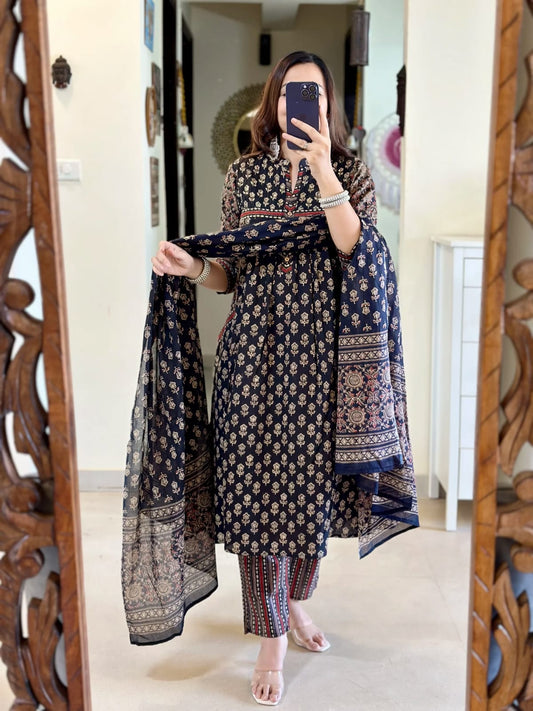 Artisan Hand-Block Printed Pure Cotton Suit Set with Dupatta Elegant Design