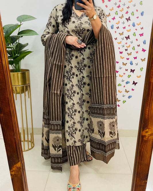 Poorvi's Elegant Brown Cotton Kurta Set: Breathable, Stylish, All-Day Comfort Wear