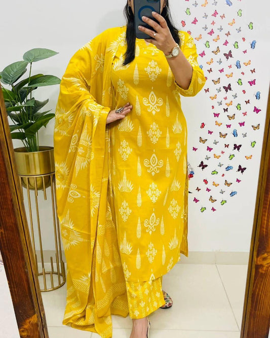Vibrant Yellow Handblock Print Cotton Suit Set for Women - Breathable Comfort