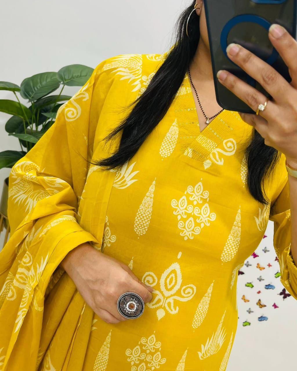 Vibrant Yellow Handblock Print Cotton Suit Set for Women - Breathable Comfort