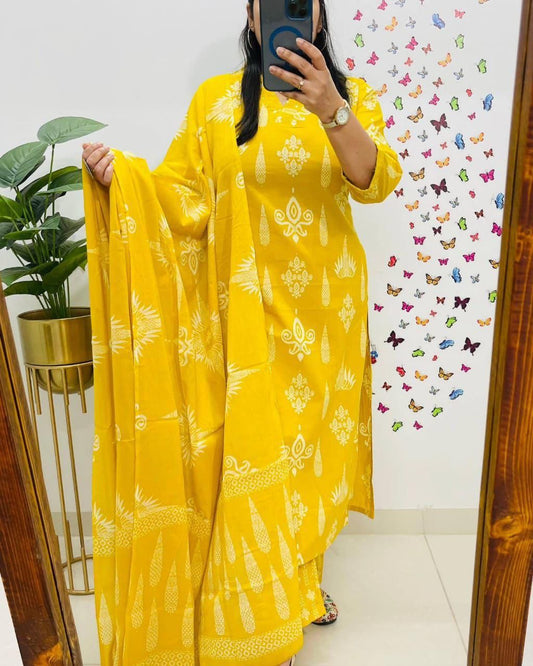 Vibrant Yellow Handblock Print Cotton Suit Set for Women - Breathable Comfort