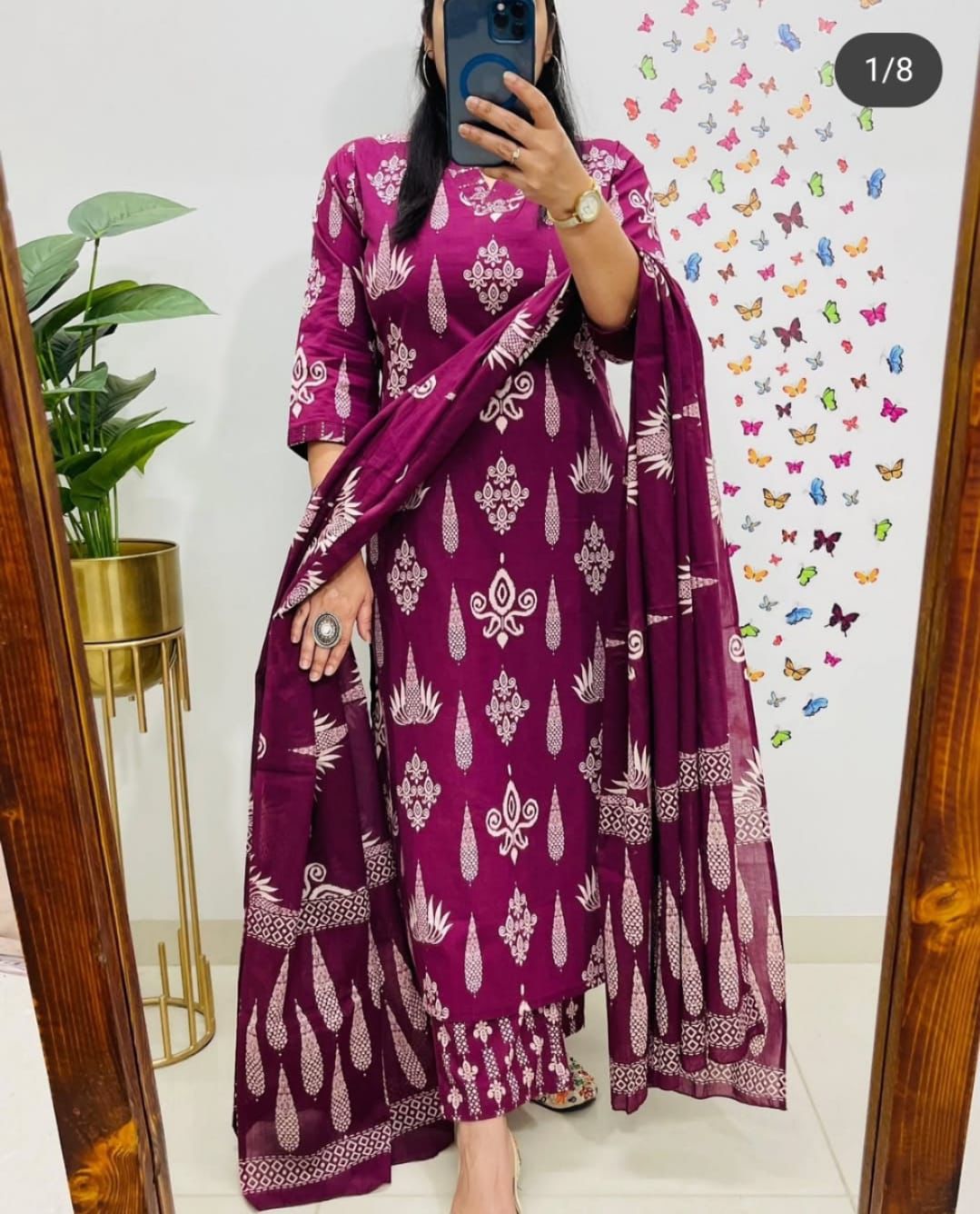 Women's Maroon Handblock Cotton Kurta Palazzo Dupatta Set - Pure Comfort & Style