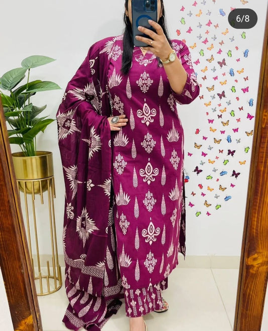 Women's Maroon Handblock Cotton Kurta Palazzo Dupatta Set - Pure Comfort & Style