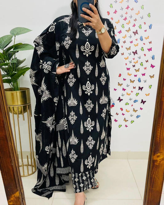 Elegant Black Cotton Handblock Print Suit Set: Kurta, Palazzo, Dupatta.