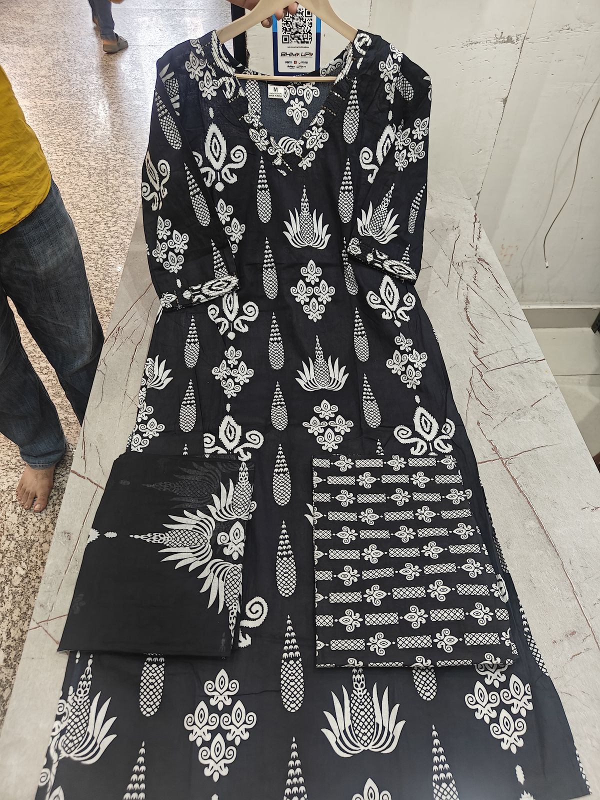Elegant Black Cotton Handblock Print Suit Set: Kurta, Palazzo, Dupatta.
