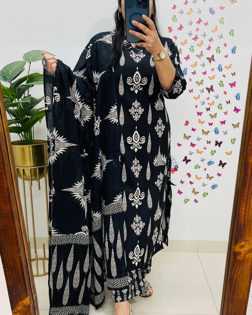 Elegant Black Cotton Handblock Print Suit Set: Kurta, Palazzo, Dupatta.