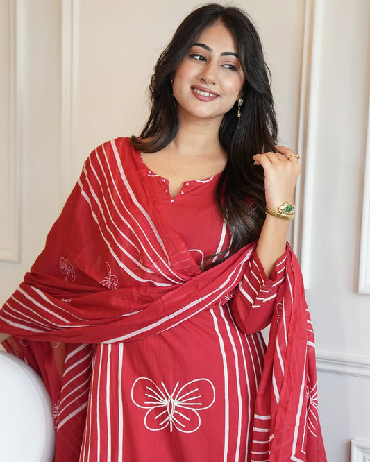 Vibrant Red Cotton Suit Set with Elegant White Butterfly Embroidery Dupatta