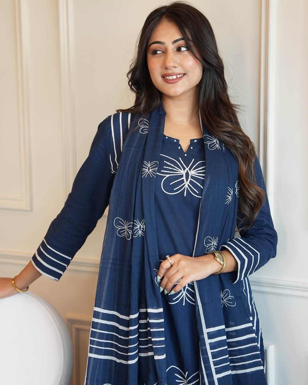 Elegant Blue Cotton Suit Set: White Butterfly Embroidery, Striped Dupatta