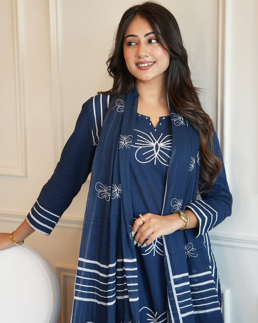 Elegant Blue Cotton Suit Set: White Butterfly Embroidery, Striped Dupatta