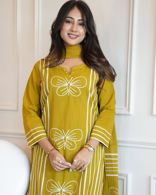 Charming Yellow Cotton Suit Set with White Butterfly Embroidery & Striped Dupatta