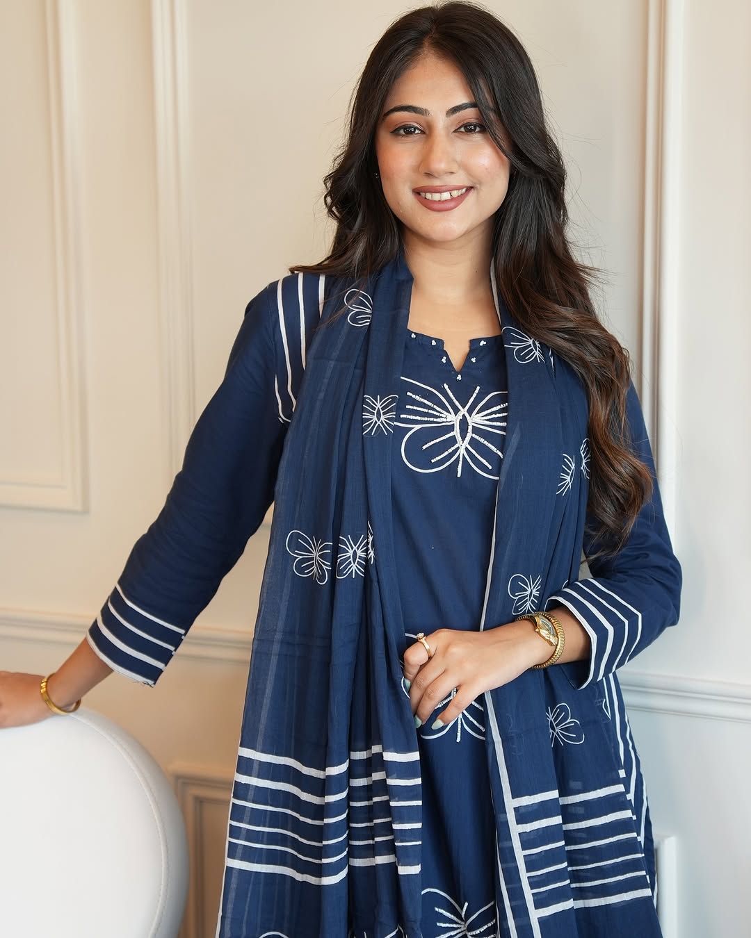 Elegant Blue Cotton Suit Set: White Butterfly Embroidery, Striped Dupatta