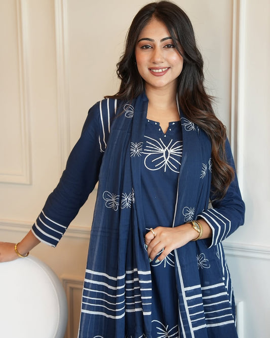 Elegant Blue Cotton Suit Set: White Butterfly Embroidery, Striped Dupatta