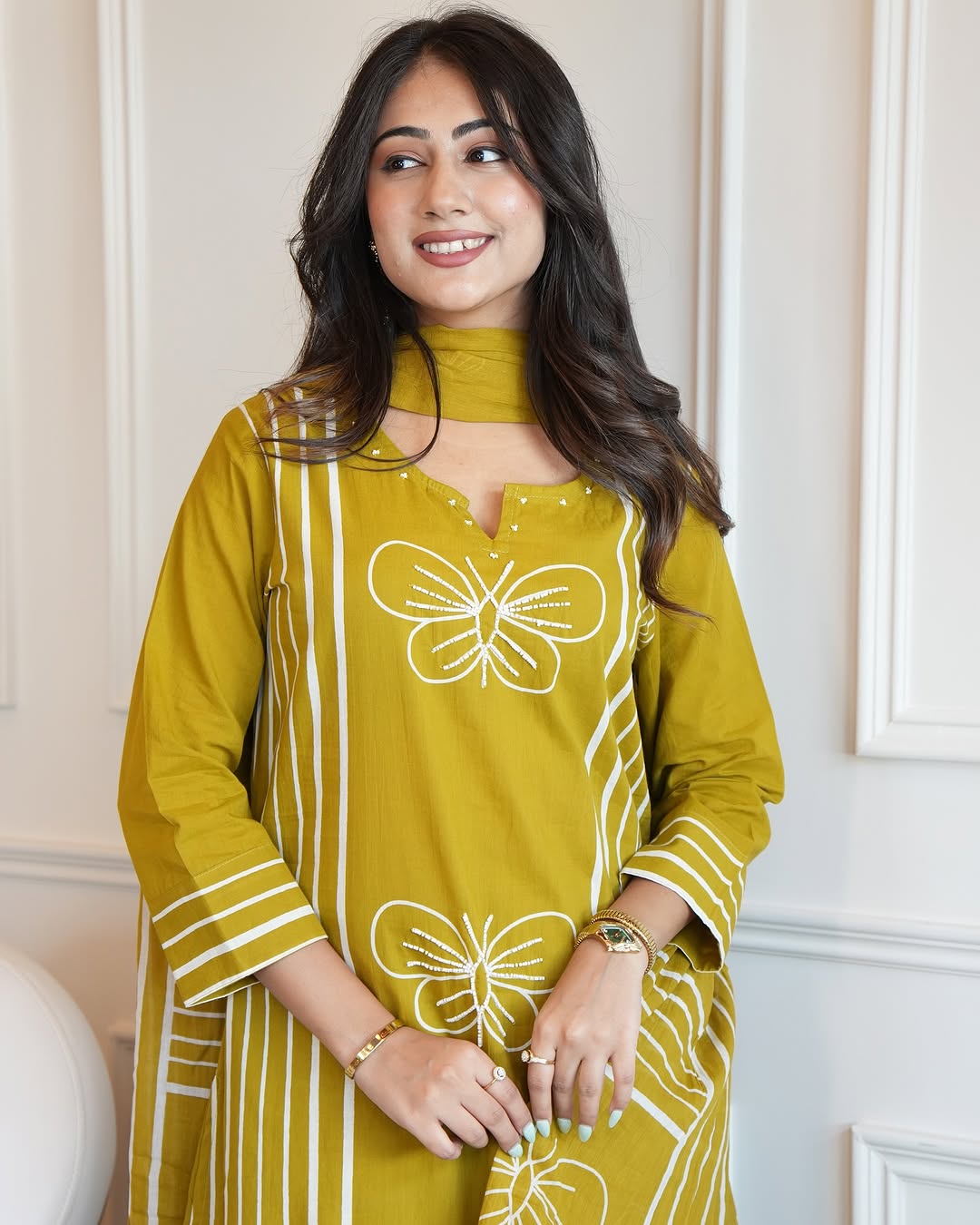 Charming Yellow Cotton Suit Set with White Butterfly Embroidery & Striped Dupatta