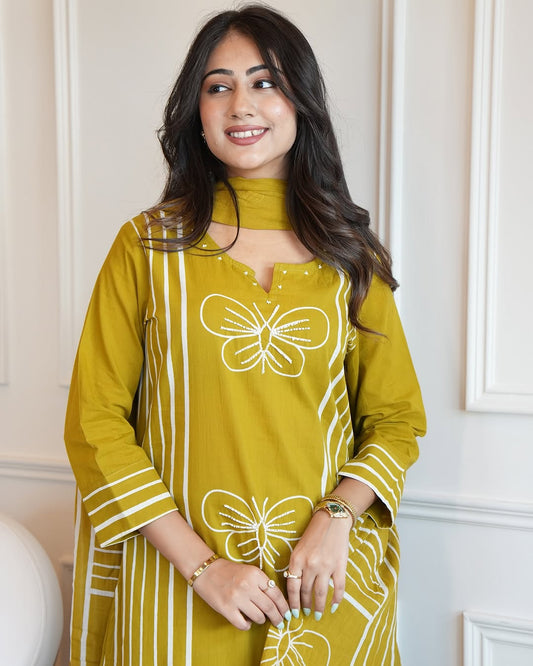Charming Yellow Cotton Suit Set with White Butterfly Embroidery & Striped Dupatta