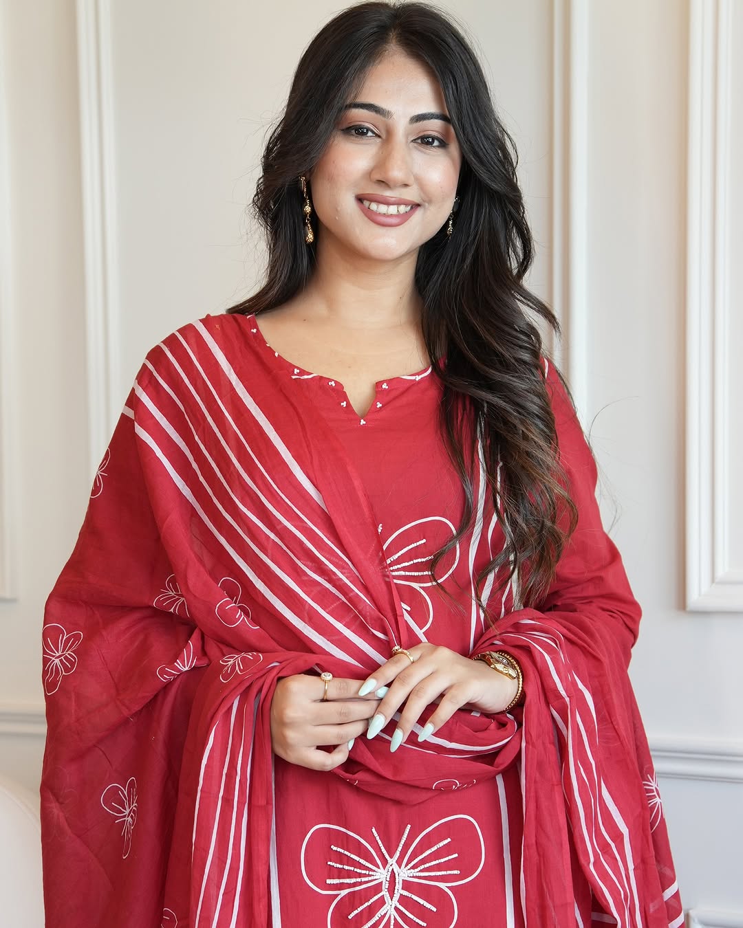 Vibrant Red Cotton Suit Set with Elegant White Butterfly Embroidery Dupatta
