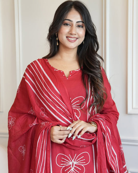 Vibrant Red Cotton Suit Set with Elegant White Butterfly Embroidery Dupatta