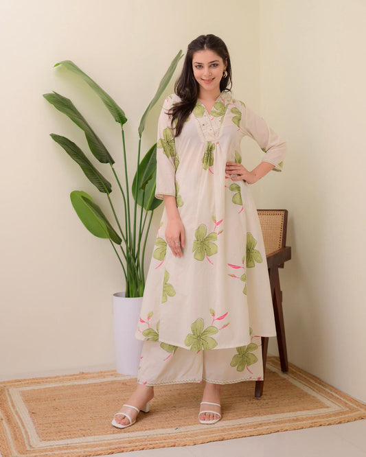 Chic Floral White Cotton Co-ord Set for Women: Breezy A-Line Kurta & Palazzo Pants