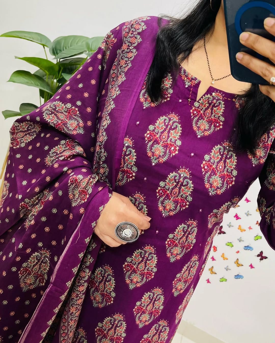 Biba Royal Purple Ethnic Cotton Suit Set: Elegant 3-Piece Indian Traditional Wear