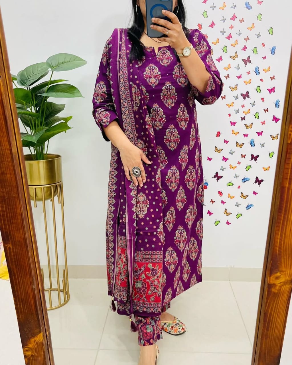 Biba Royal Purple Ethnic Cotton Suit Set: Elegant 3-Piece Indian Traditional Wear