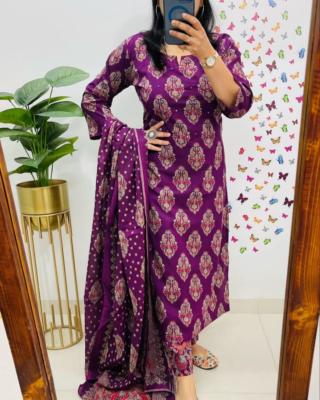 Biba Royal Purple Ethnic Cotton Suit Set: Elegant 3-Piece Indian Traditional Wear