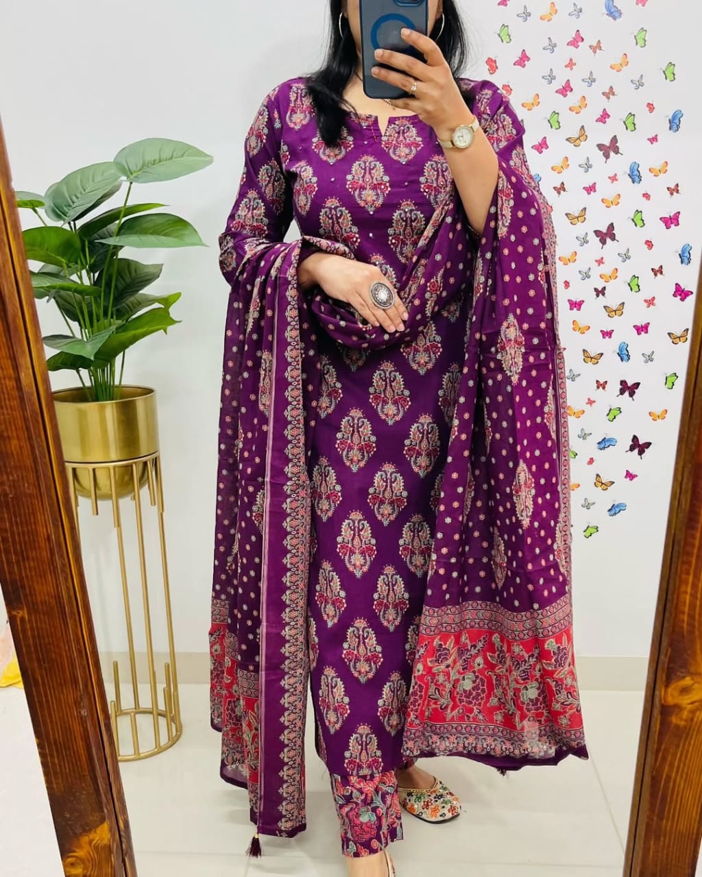 Biba Royal Purple Ethnic Cotton Suit Set: Elegant 3-Piece Indian Traditional Wear