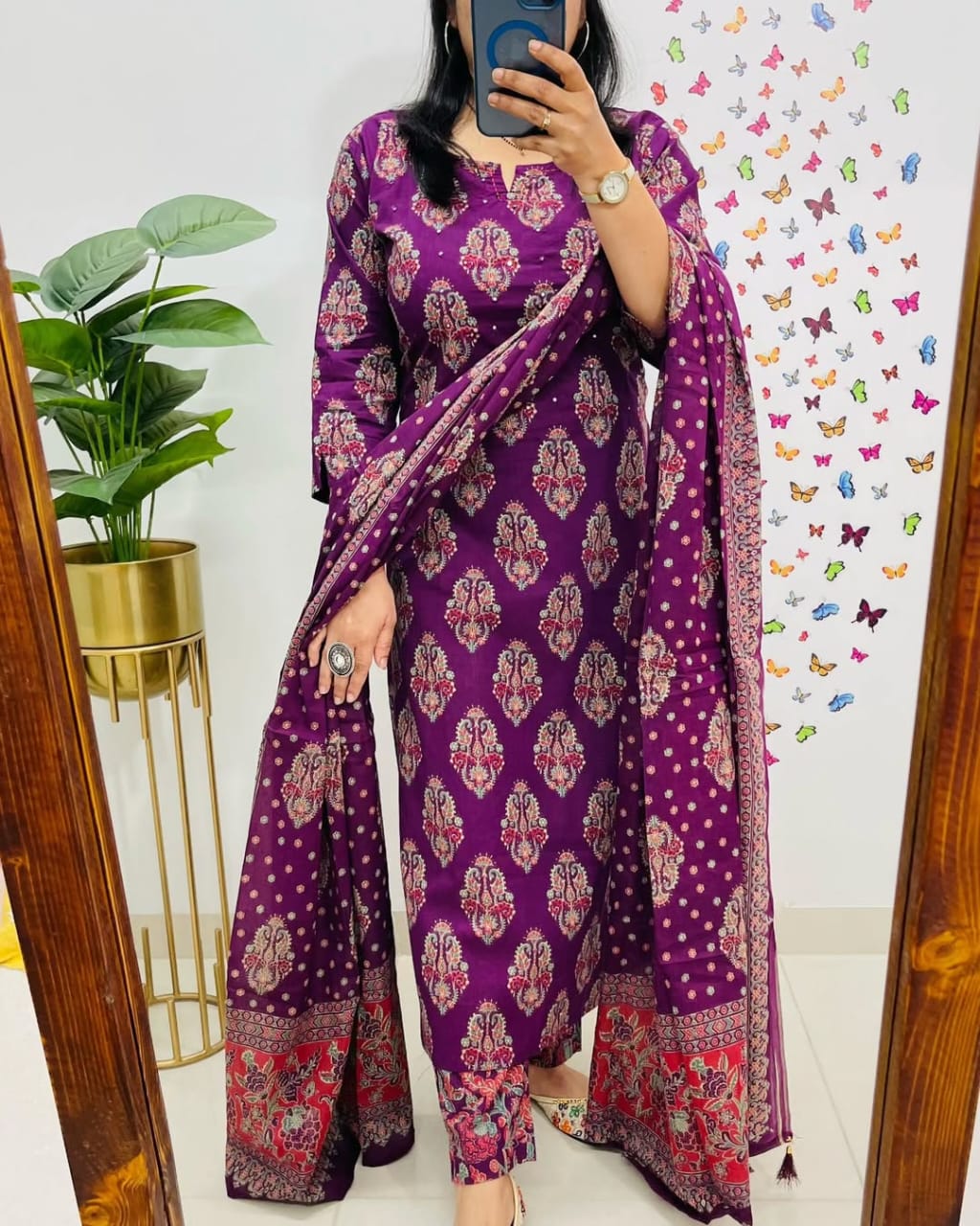 Biba Royal Purple Ethnic Cotton Suit Set: Elegant 3-Piece Indian Traditional Wear