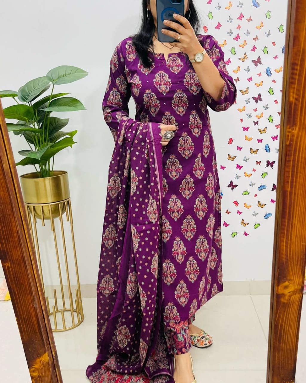 Biba Royal Purple Ethnic Cotton Suit Set: Elegant 3-Piece Indian Traditional Wear