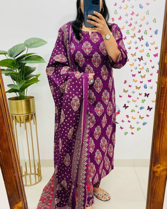 Biba Royal Purple Ethnic Cotton Suit Set: Elegant 3-Piece Indian Traditional Wear