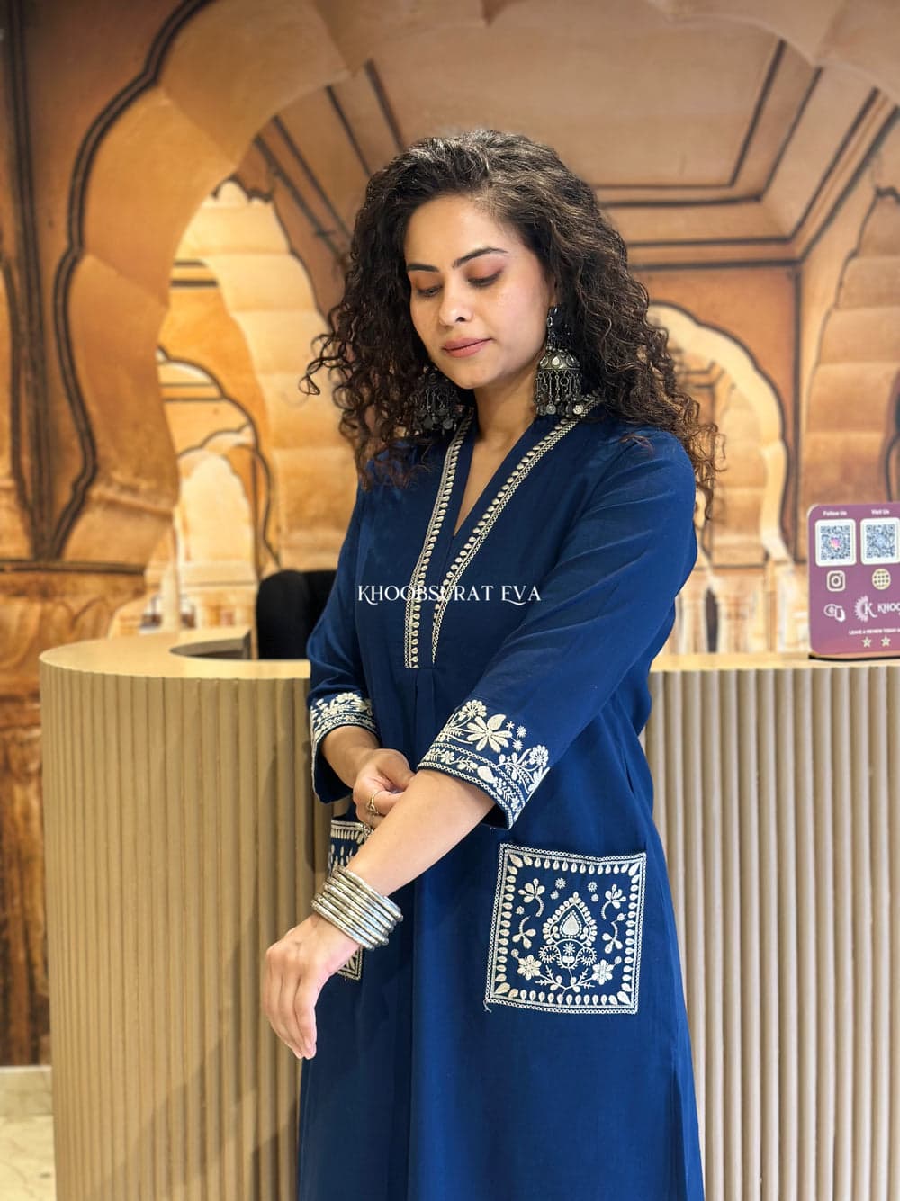 Royal Blue Cotton Kurta Set: Elegant Embroidery, Statement Sleeves, Festive Style
