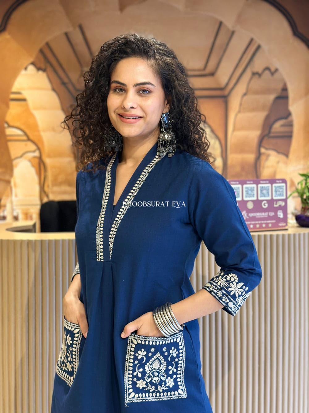 Royal Blue Cotton Kurta Set: Elegant Embroidery, Statement Sleeves, Festive Style